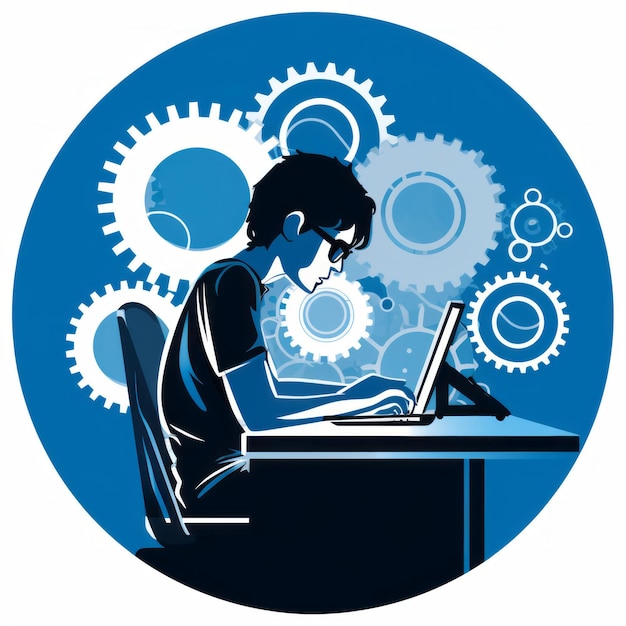 Innovative Mind Genderless Silhouette at Desk with Blue Gears and Logo