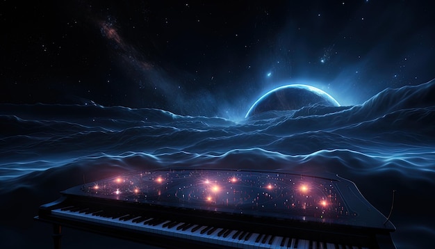 Photo innovative musical composition inspired by space using unique instruments and soothing tones