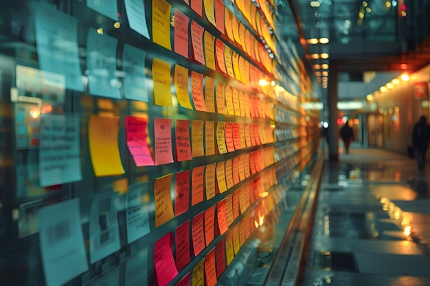 Innovative team engagement with a wall of vibrant sticky notes during a creative meeting