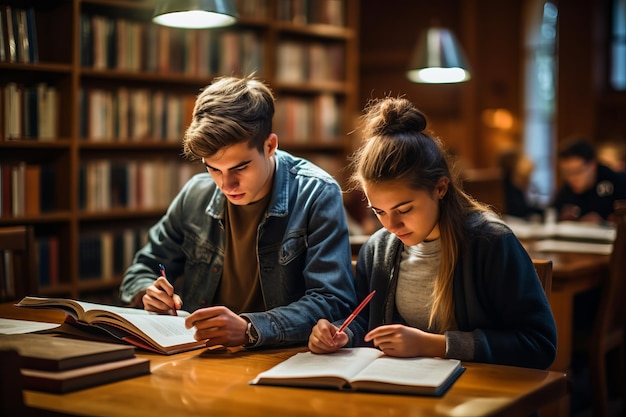 Inquisitive Minds Young Students Engrossed in Book Exploration at College Library