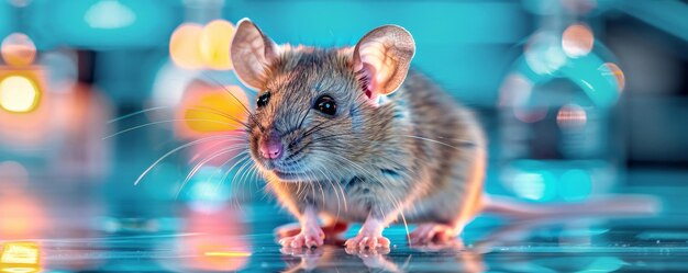 Любопытная мышь на блестящей поверхности в лаборатории с красочным световым боке подробным мехом и усами, отражающими любопытство
