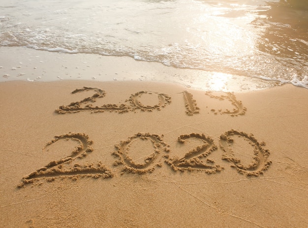 Inscriptie 2019 en 2020 op strandzand.