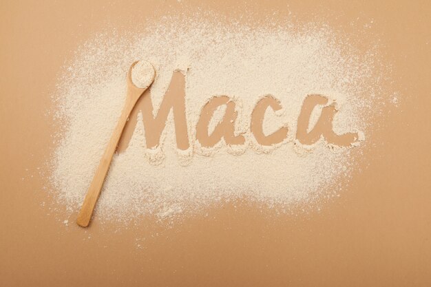 Inscriptie Maca of Maca gegelatineerd meel Peruaans superfood natuurlijk biologisch supplement