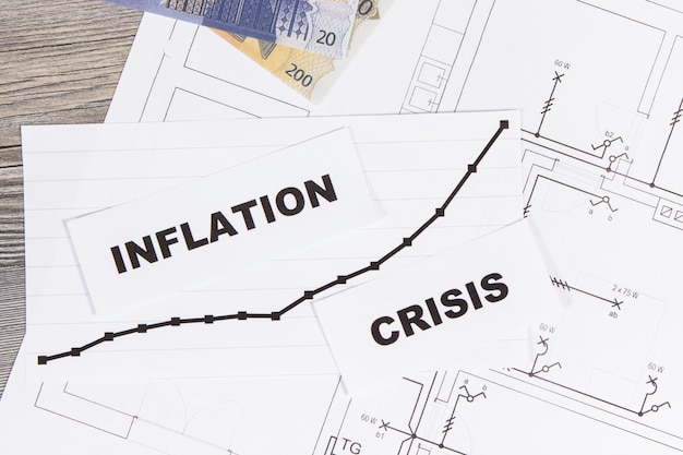 Foto inscripties crisis- en inflatievaluta's euro op elektrische bouwtekening van huis concept van hoge prijzen voor onroerend goed bouwen of huren