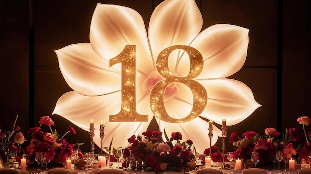 Photo the inscription 18 number and anniversary celebration textis flowers on a light