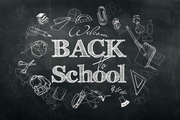 Photo inscription back to school, chalk scribble background on blackboard