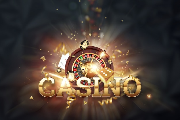 inscription casino, roulette, gambling dice, cards, casino chips on a dark background