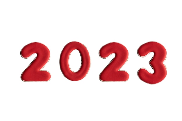 사진 흰색 배경에 고립 된 빨간색 숫자 2023의 비문 새해 복 많이 받으세요 2023