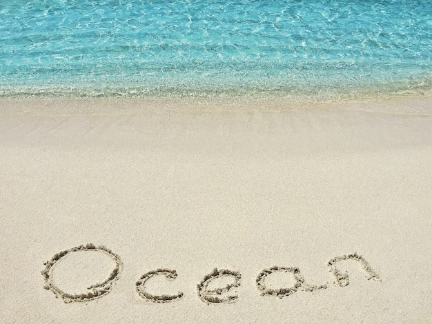 Inscription "Ocean" in the sand on a tropical island,  Maldives.