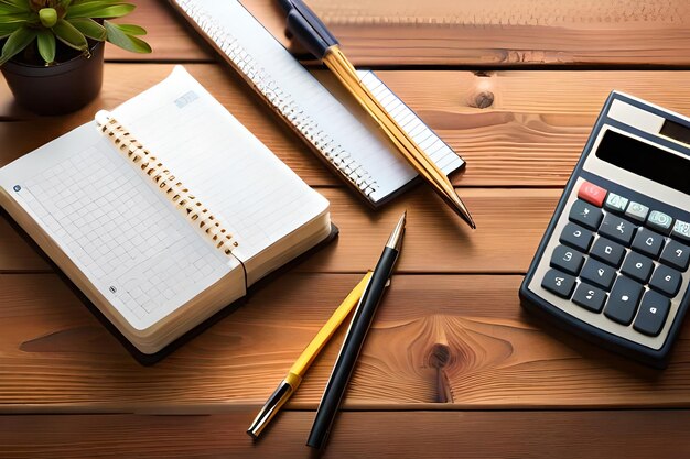 Фото Надпись школьной книги, калькулятора, блокнота и других канцелярских принадлежностей на коричневом деревянном столе