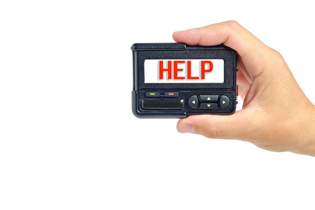 Inscription in red font help on pager the symbol plea for help