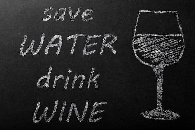 The inscription save water drink wine and wineglass in white chalk