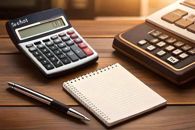 Inscription of school book calculator notepad and other stationery on brown wooden table