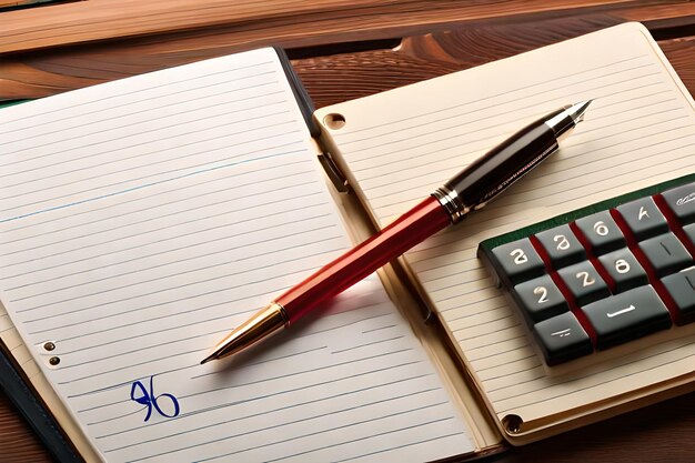 Inscription of school book calculator notepad and other stationery on brown wooden table