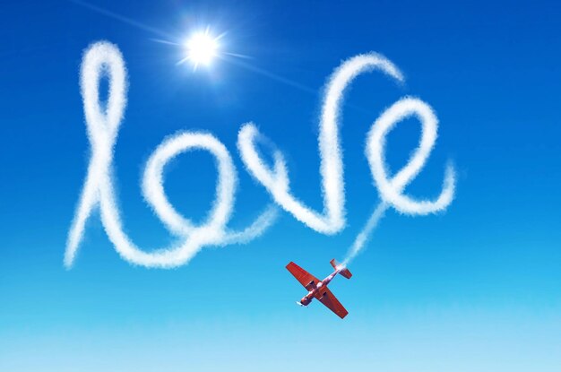 Photo inscription in the sky love left by white smoke from an airplane