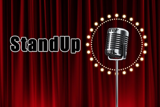 The inscription standup retro microphone in metallic color on a background of red wings concept of standup performance show humor presenter 3d rendering 3d digital illustration