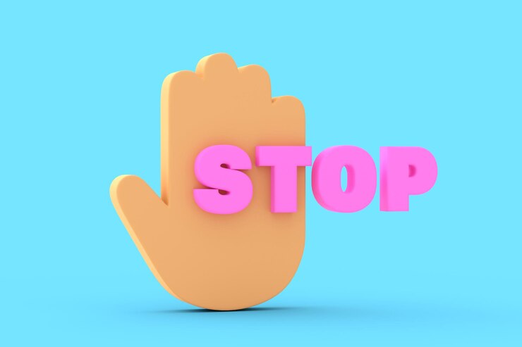 Надпись STOP и соответствующий знак руки в трехмерном пространстве на синем фоне