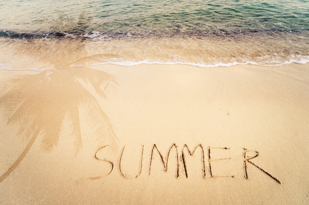 Inscription Summer written on the sandy beach with ocean wave and palm tree shadow - free space. vintage color tone effect