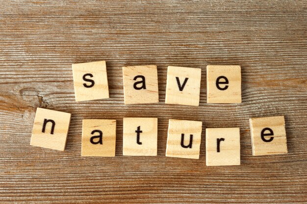 Inscription text word save nature made of letters on wooden blocks on old rustic wood . Ecology concept. Flat lay. Top view. Close up. Selective soft focus. Text copy space.