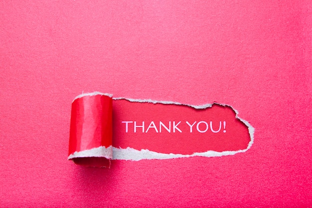 The inscription thank you in the hole in a sheet of red paper on a red background. Layout with torn paper with space for text.