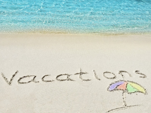 Inscription " Vacations" in the sand on a tropical island,  Maldives.