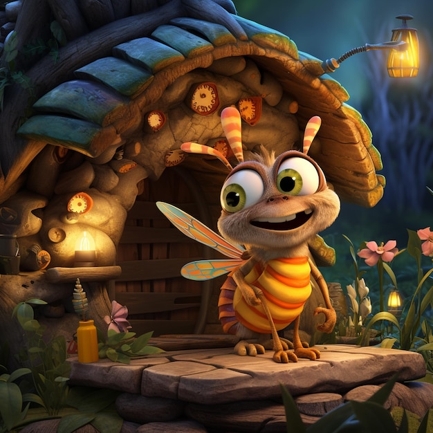 Insect cartoon character at fairy house generated by AI