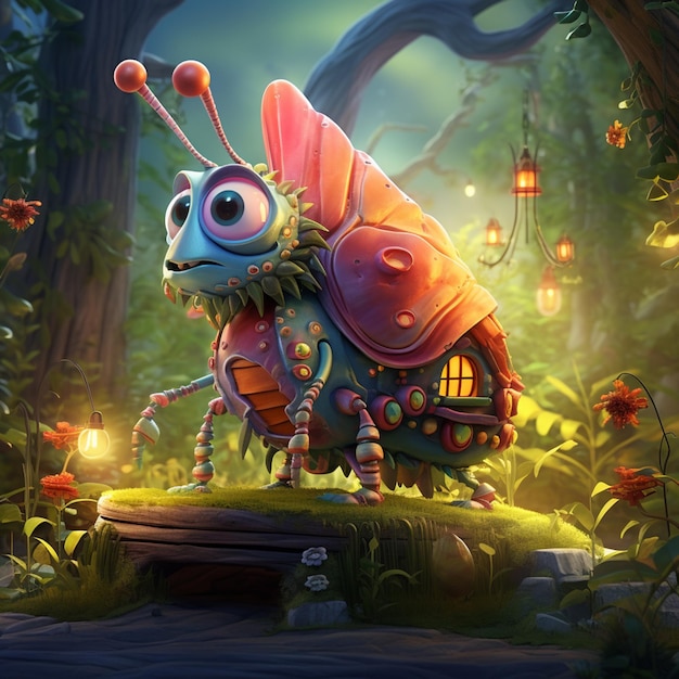 Insect cartoon character at fairy house generated by AI