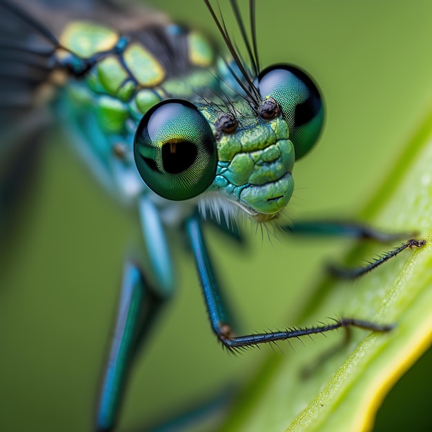 곤충 클로즈업 매크로 사진 Damselfly 큰 깊이와 고립된 배경에 대한 많은 곤충 세부 정보