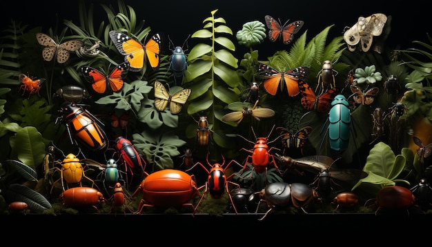 人工知能によって生成された昆虫、自然、動物、てんとう虫、蝶のコレクション パターン イラスト装飾