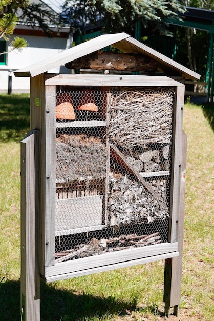 Insetti bug hotel come la casa degli insetti in legno la coccinella e la casa delle api in legno nel concetto di giardino ecologico