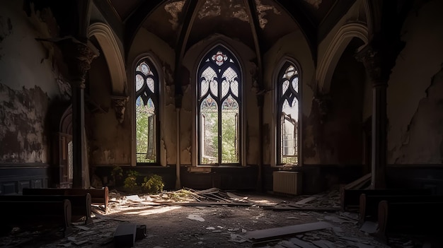 The inside of an abandoned church with the windows broken and the light coming through the windows