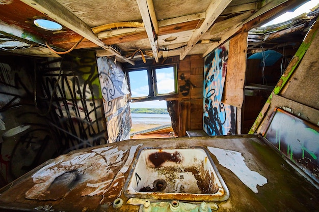 Inside abandoned and decayed shipwreck completely collapsing