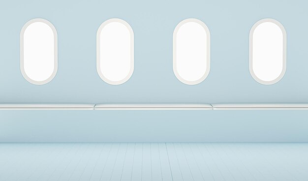 Inside Airplane podium and window for pastel blue background concept travel 3d render