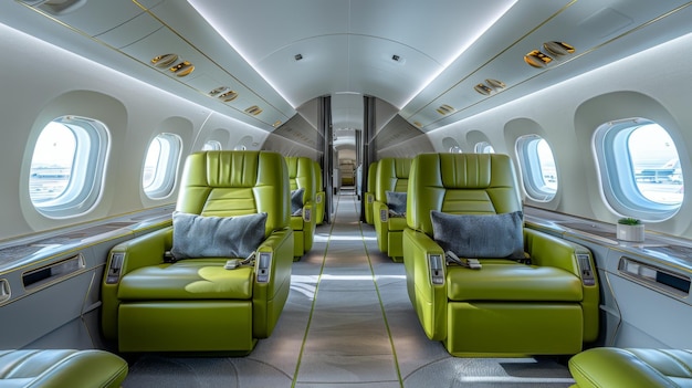 Inside of an Airplane With Green Leather Seats