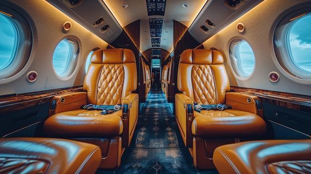 Photo inside an airplane with leather seats