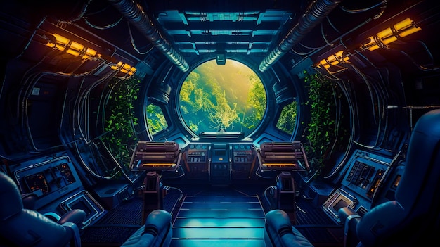 Photo the inside of an alien spaceship with view of the jungle generative ai