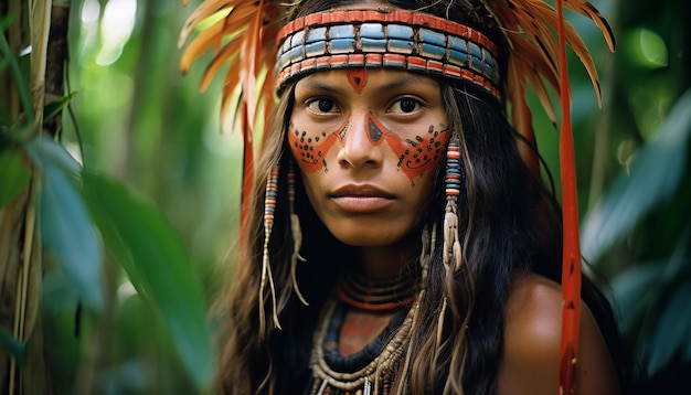 Foto all'interno dei grandi alberi della foresta amazzonica, una bellissima foto di una donna yanomami