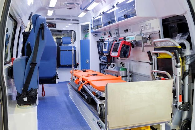 Inside an ambulance with medical equipment for helping human