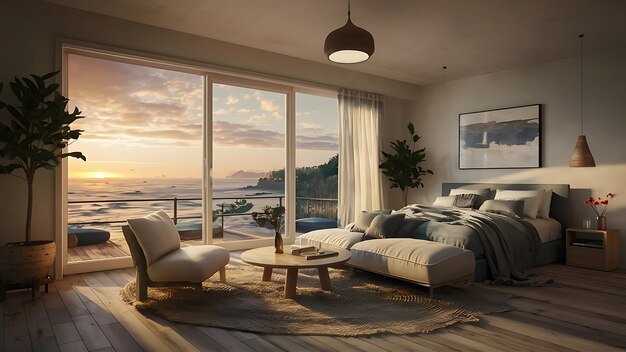 Inside a beach condo looking out into the ocean sunsetting reflective lighting