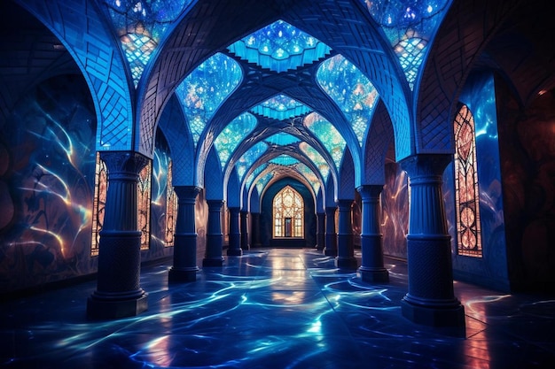 the inside of a building with a blue ceiling and lights.