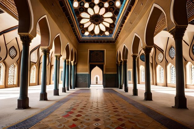 The inside of a building with a clock on the top of it