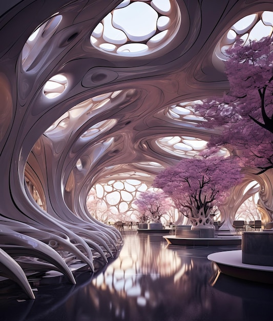 the inside of a building with pink trees and white clouds in the ceiling is made out of wood which has been used for