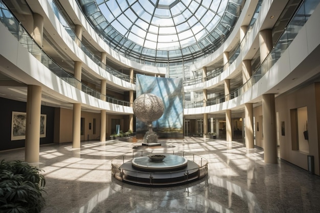 The inside of the building with a sphere on the ceiling