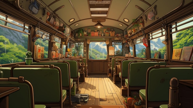 버스 안의 애니메이션 배경 일러스트레이션