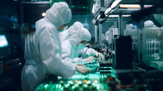 Inside bustling Chinese semiconductor factory asian woman worker Generative AI