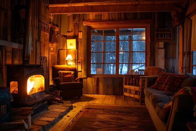 Photo inside the cabin a ling fire warms the cozy interi generative ai