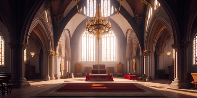 The inside of a Church with a large carpet and a large chandelier hanging from the ceiling