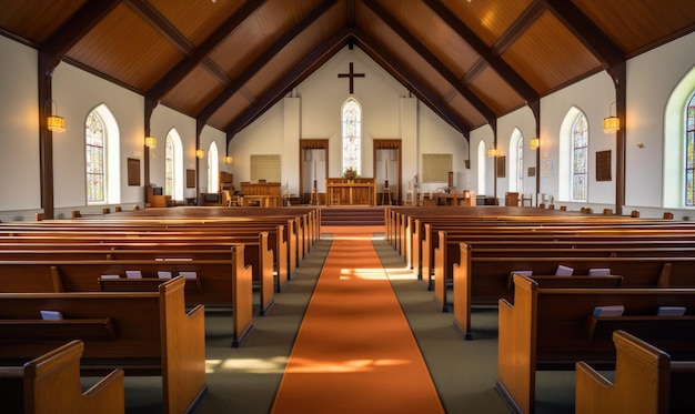 The inside of a church with pews and stained glass windows