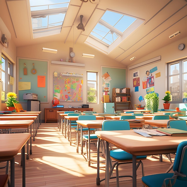 the inside of a classroom in a school in style of pixar