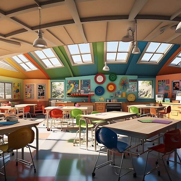 the inside of a classroom in a school in style of pixar